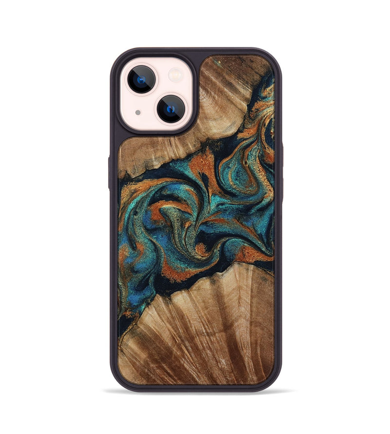 iPhone 14 Wood Phone Case - Lawanda (Teal & Gold, 801879)