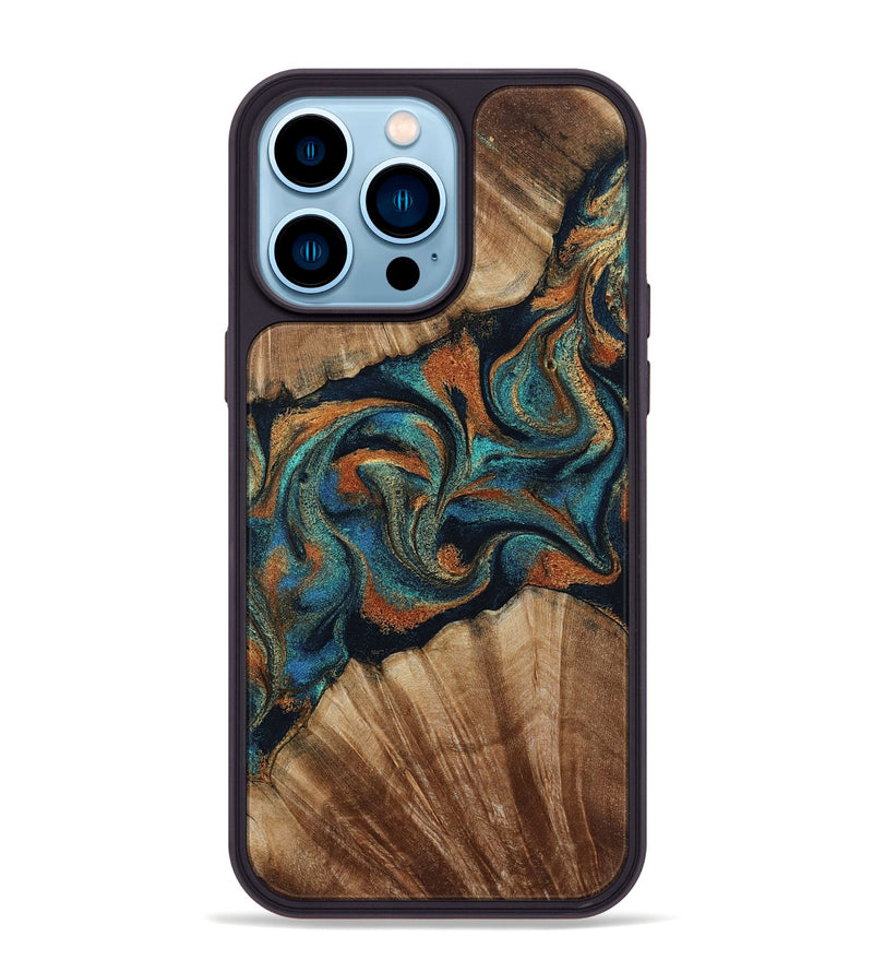 iPhone 14 Pro Max Wood Phone Case - Lawanda (Teal & Gold, 801879)