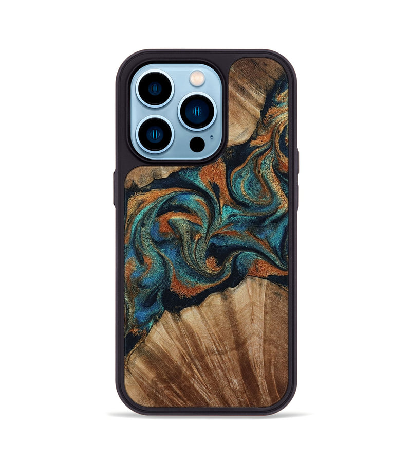 iPhone 14 Pro Wood Phone Case - Lawanda (Teal & Gold, 801879)