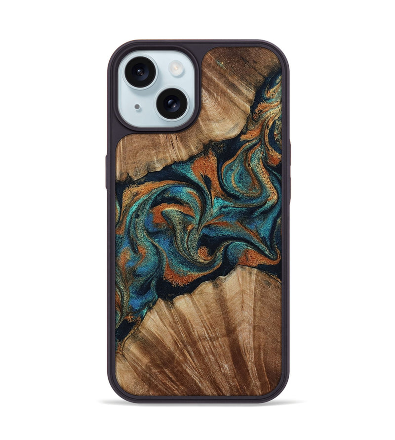iPhone 15 Wood Phone Case - Lawanda (Teal & Gold, 801879)