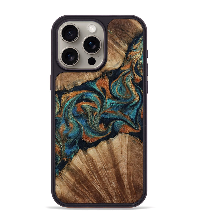 iPhone 15 Pro Max Wood Phone Case - Lawanda (Teal & Gold, 801879)