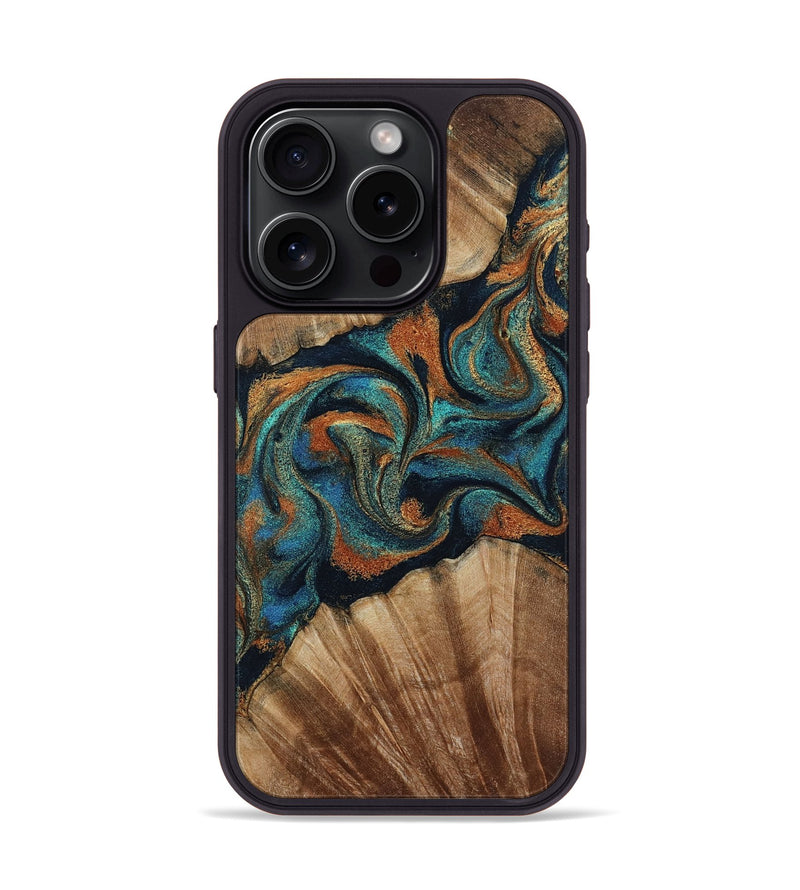 iPhone 15 Pro Wood Phone Case - Lawanda (Teal & Gold, 801879)