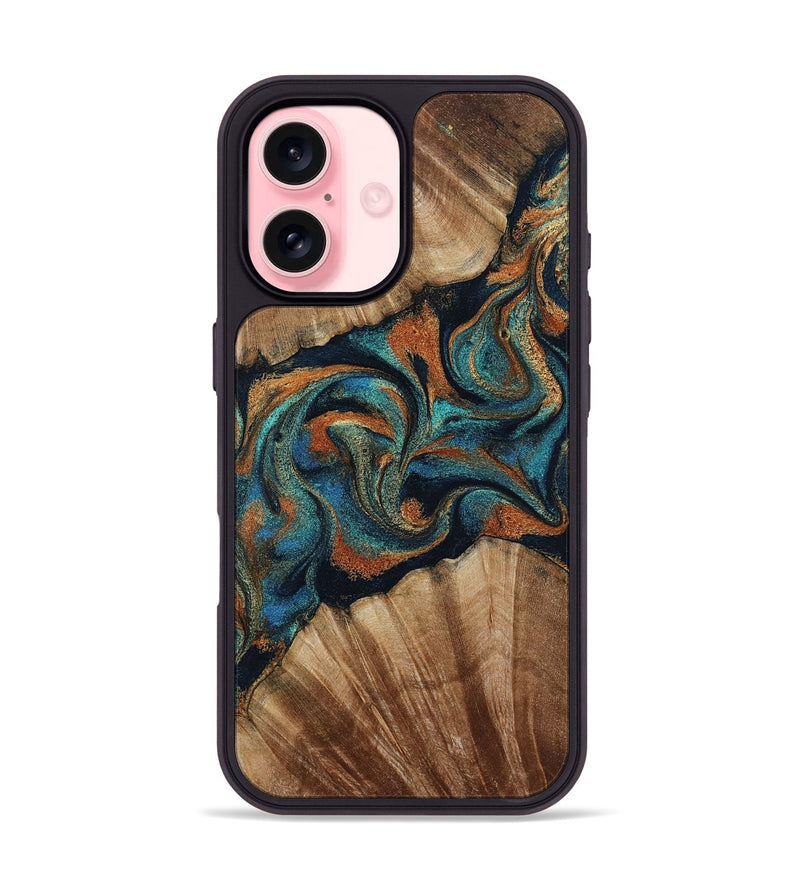 iPhone 16 Wood Phone Case - Lawanda (Teal & Gold, 801879)