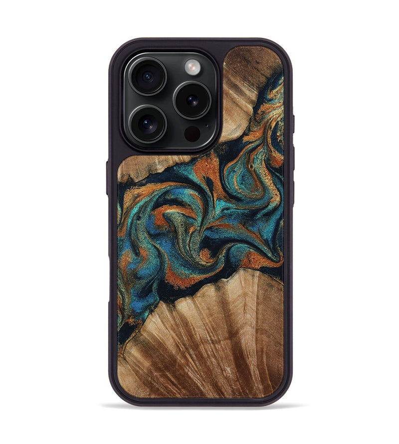 iPhone 16 Pro Wood Phone Case - Lawanda (Teal & Gold, 801879)