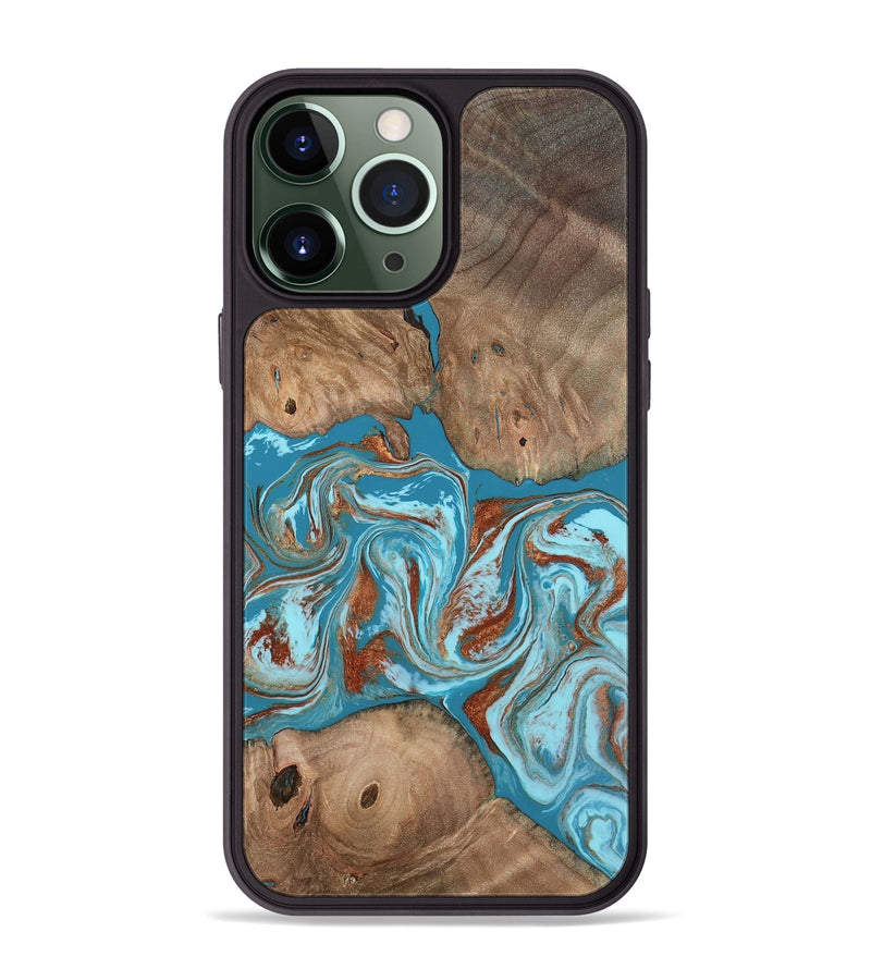 iPhone 13 Pro Max Wood Phone Case - Brayan (Teal & Gold, 801880)