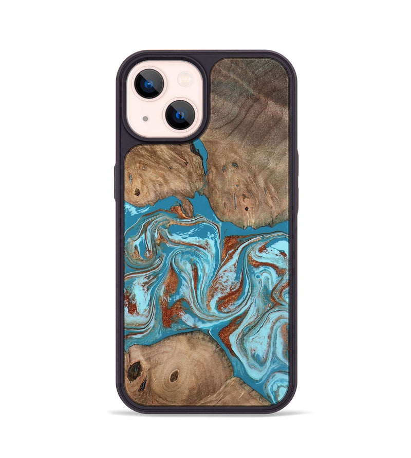 iPhone 14 Wood Phone Case - Brayan (Teal & Gold, 801880)