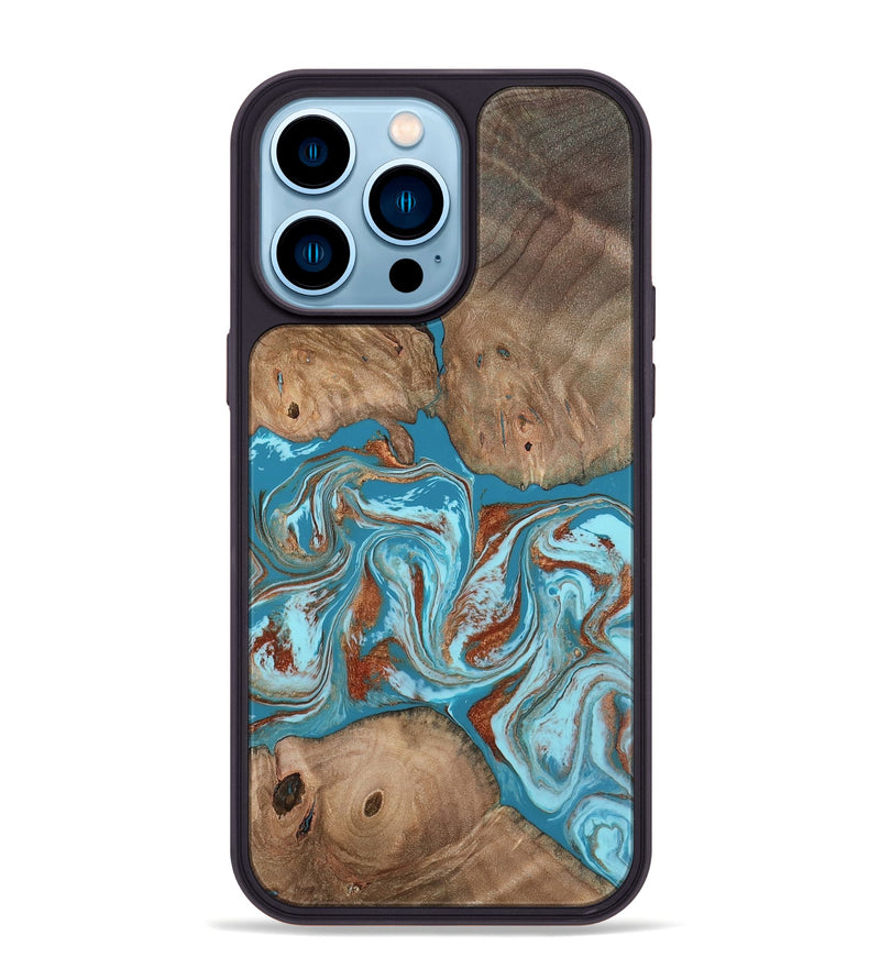 iPhone 14 Pro Max Wood Phone Case - Brayan (Teal & Gold, 801880)