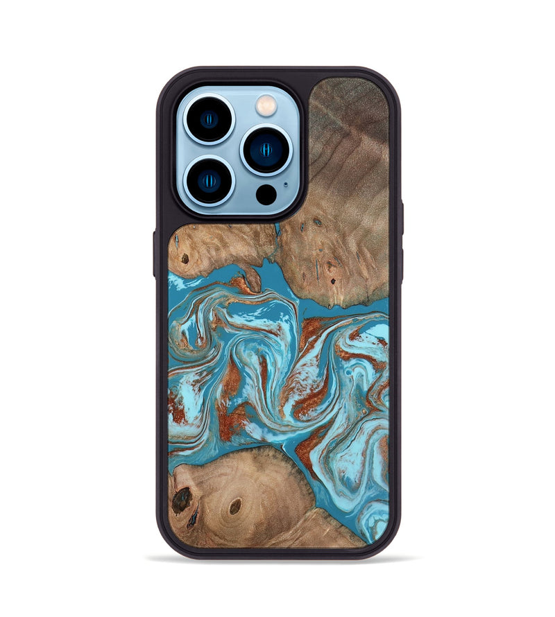 iPhone 14 Pro Wood Phone Case - Brayan (Teal & Gold, 801880)