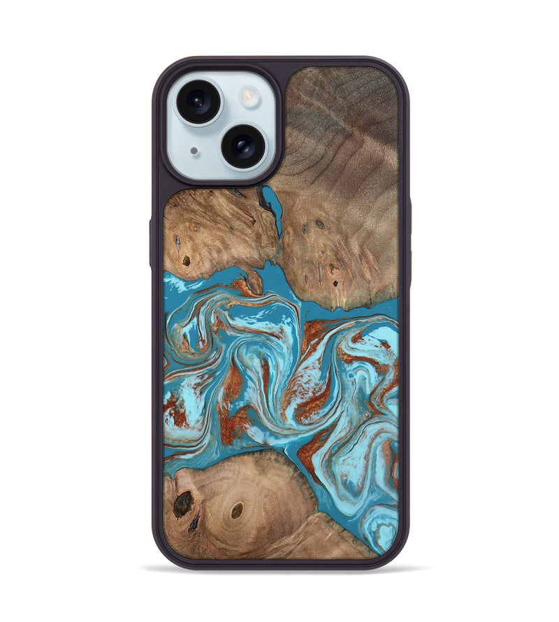 iPhone 15 Wood Phone Case - Brayan (Teal & Gold, 801880)