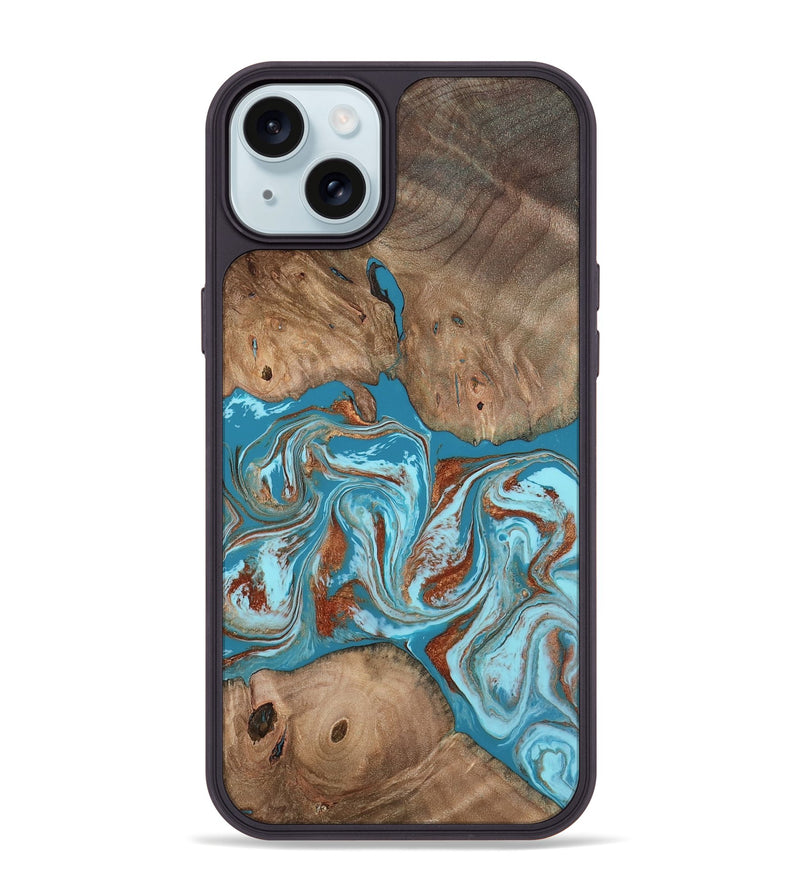 iPhone 15 Plus Wood Phone Case - Brayan (Teal & Gold, 801880)