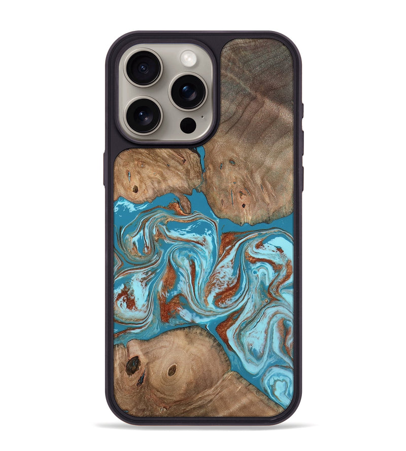 iPhone 15 Pro Max Wood Phone Case - Brayan (Teal & Gold, 801880)