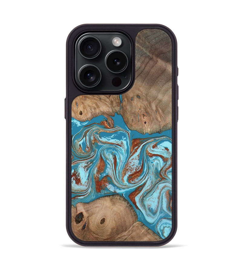 iPhone 15 Pro Wood Phone Case - Brayan (Teal & Gold, 801880)