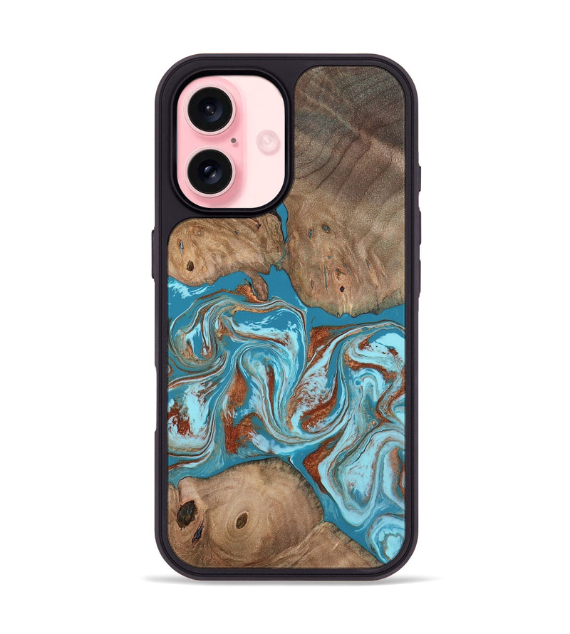 iPhone 16 Wood Phone Case - Brayan (Teal & Gold, 801880)
