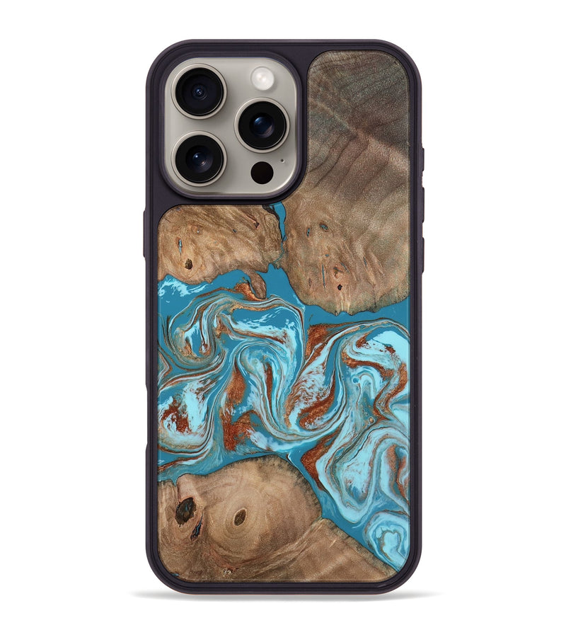 iPhone 16 Pro Max Wood Phone Case - Brayan (Teal & Gold, 801880)