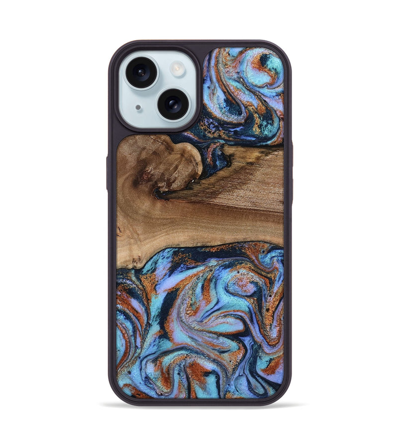 iPhone 15 Wood Phone Case - Shayla (Teal & Gold, 801881)