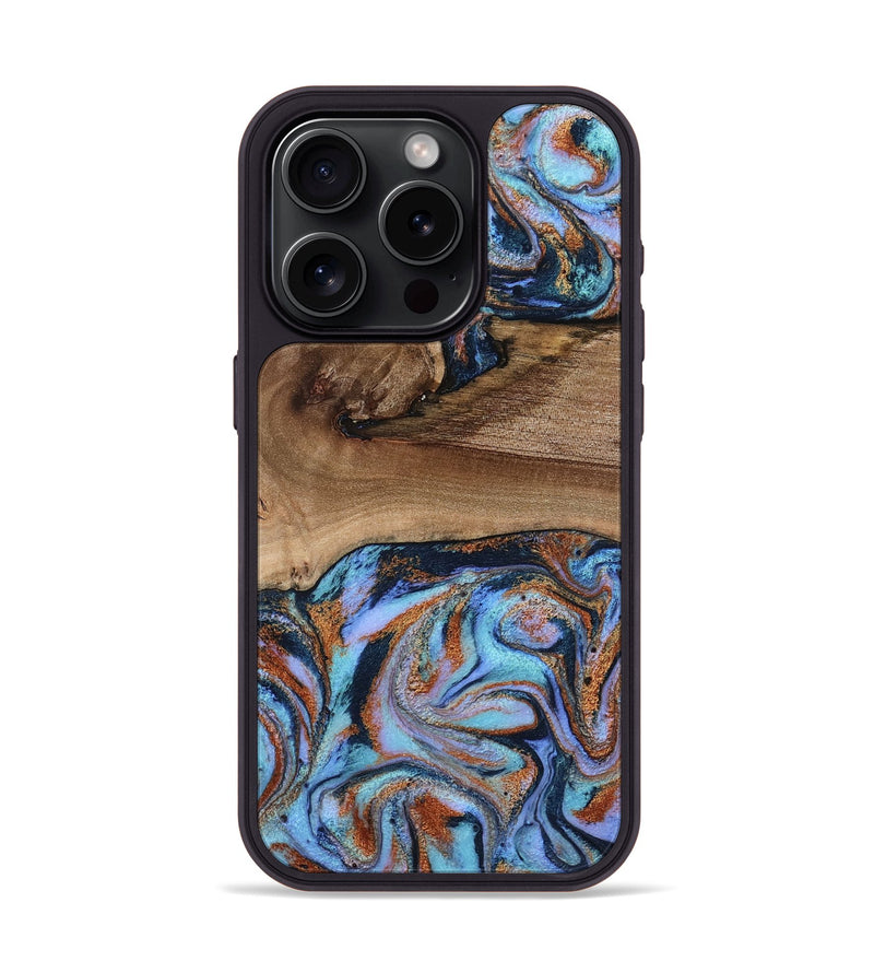 iPhone 15 Pro Wood Phone Case - Shayla (Teal & Gold, 801881)