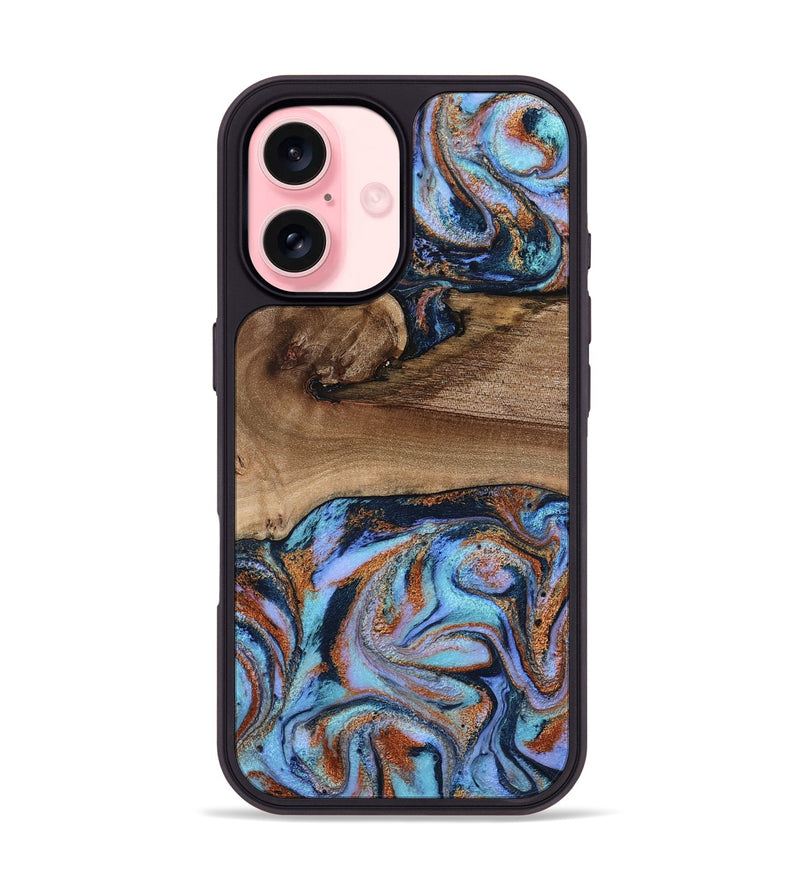 iPhone 16 Wood Phone Case - Shayla (Teal & Gold, 801881)