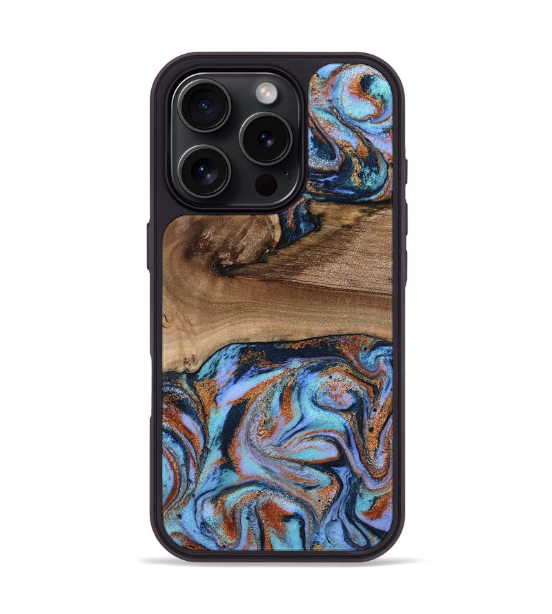 iPhone 16 Pro Wood Phone Case - Shayla (Teal & Gold, 801881)