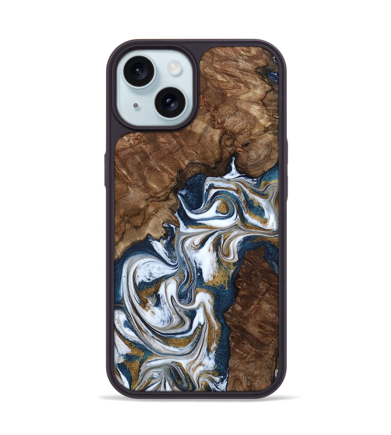 iPhone 15 Wood Phone Case - Jamison (Teal & Gold, 801882)