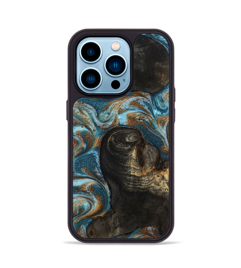 iPhone 14 Pro Wood Phone Case - Maddie (Teal & Gold, 801884)
