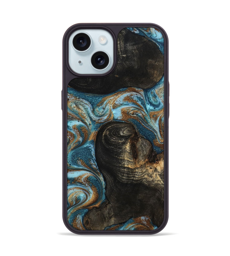iPhone 15 Wood Phone Case - Maddie (Teal & Gold, 801884)