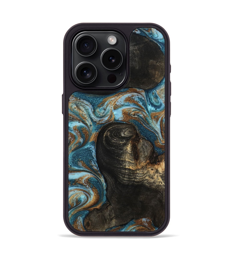 iPhone 15 Pro Wood Phone Case - Maddie (Teal & Gold, 801884)