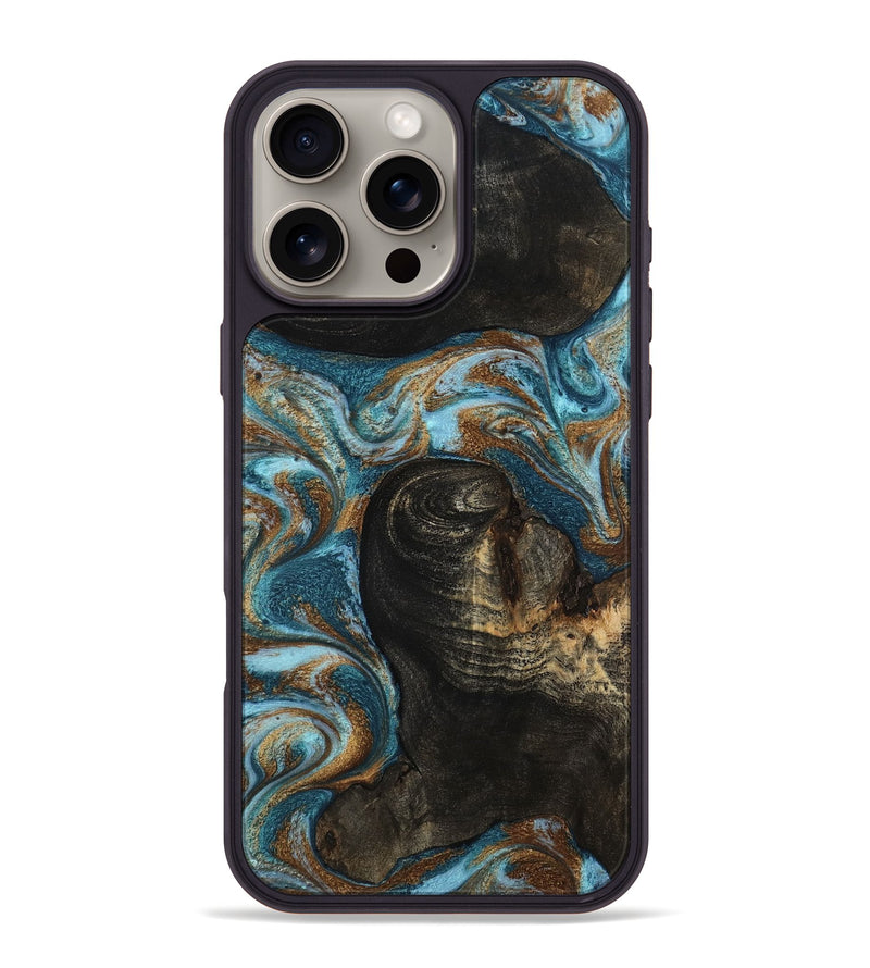 iPhone 16 Pro Max Wood Phone Case - Maddie (Teal & Gold, 801884)