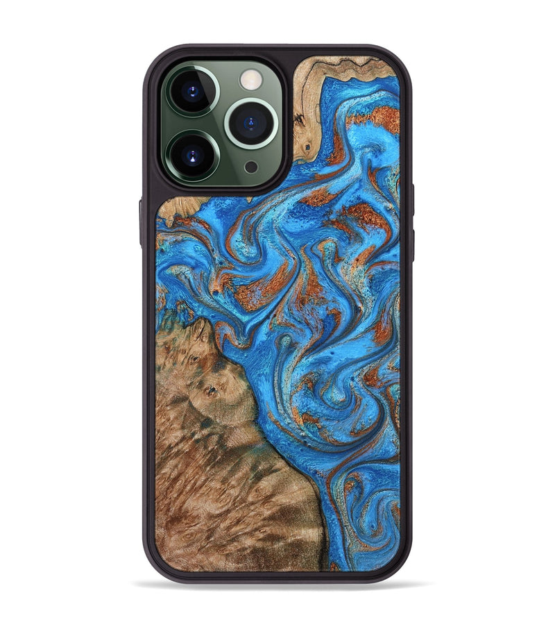 iPhone 13 Pro Max Wood Phone Case - Teressa (Teal & Gold, 801885)