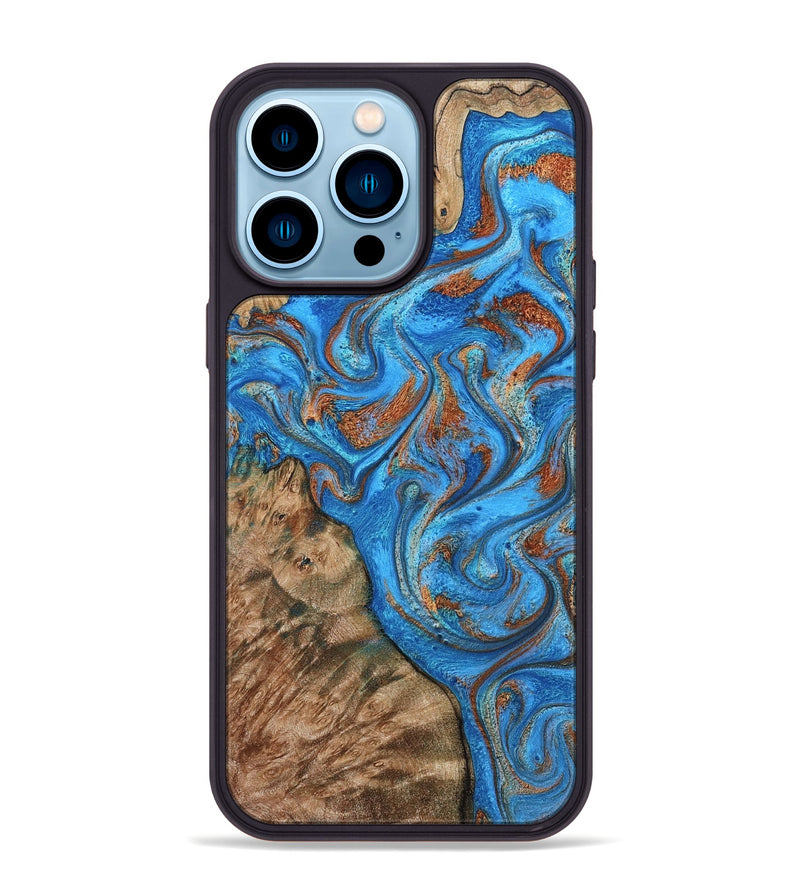 iPhone 14 Pro Max Wood Phone Case - Teressa (Teal & Gold, 801885)