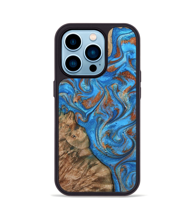 iPhone 14 Pro Wood Phone Case - Teressa (Teal & Gold, 801885)