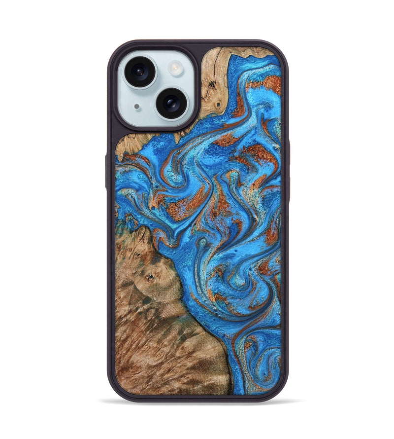 iPhone 15 Wood Phone Case - Teressa (Teal & Gold, 801885)