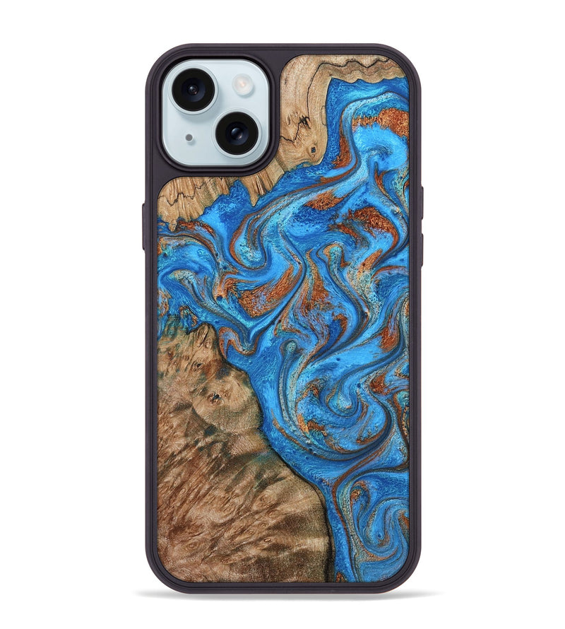 iPhone 15 Plus Wood Phone Case - Teressa (Teal & Gold, 801885)