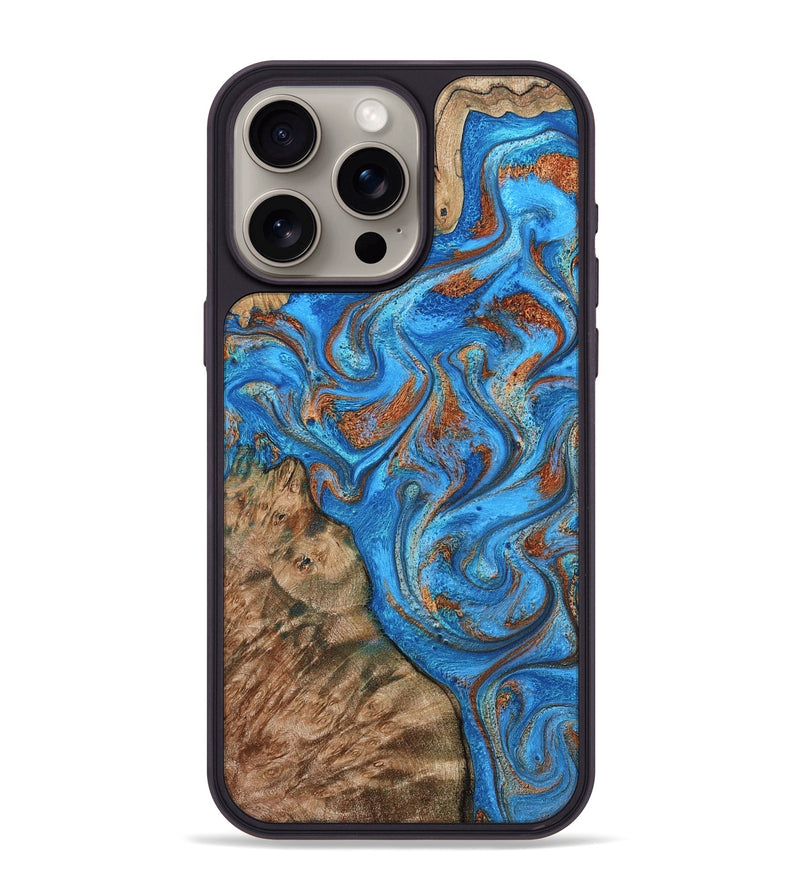 iPhone 15 Pro Max Wood Phone Case - Teressa (Teal & Gold, 801885)