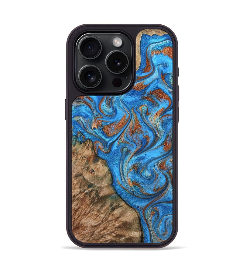 iPhone 15 Pro Wood Phone Case - Teressa (Teal & Gold, 801885)