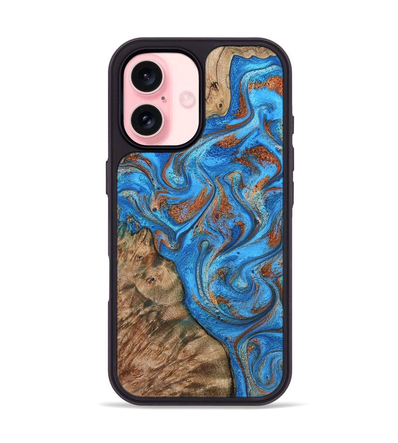 iPhone 16 Wood Phone Case - Teressa (Teal & Gold, 801885)