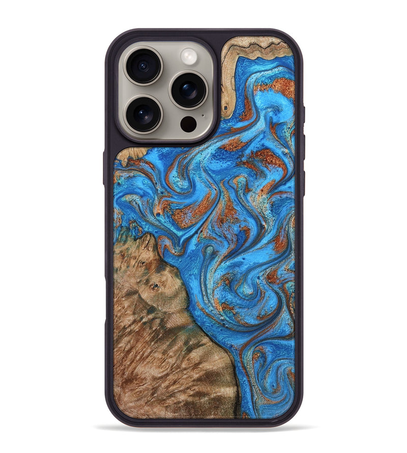 iPhone 16 Pro Max Wood Phone Case - Teressa (Teal & Gold, 801885)
