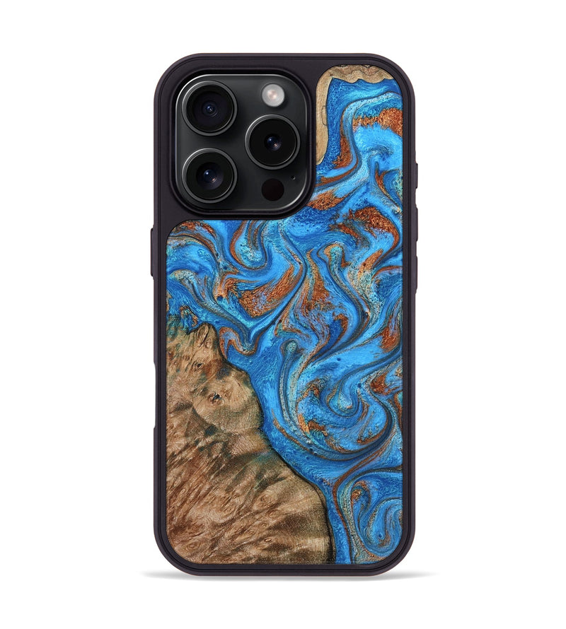 iPhone 16 Pro Wood Phone Case - Teressa (Teal & Gold, 801885)