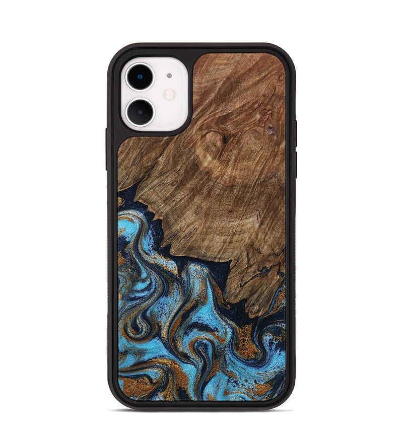 iPhone 11 Wood Phone Case - Norita (Teal & Gold, 801886)