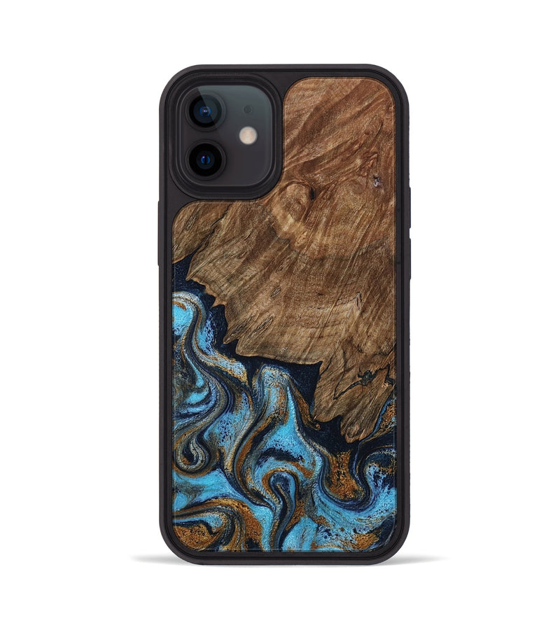 iPhone 12 Wood Phone Case - Norita (Teal & Gold, 801886)