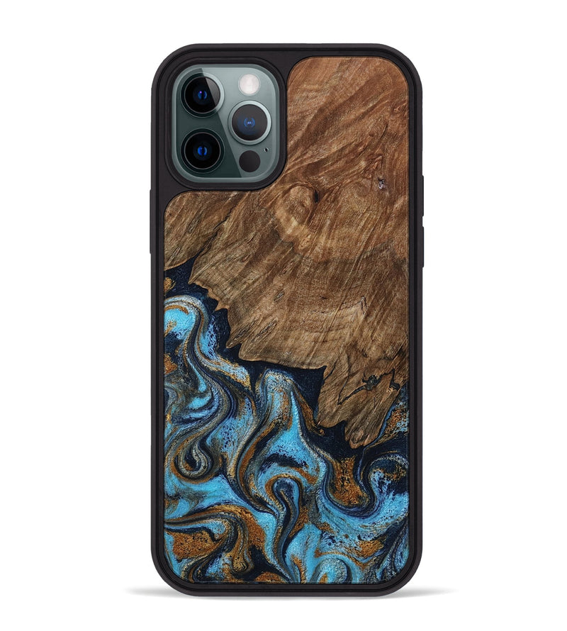 iPhone 12 Pro Max Wood Phone Case - Norita (Teal & Gold, 801886)