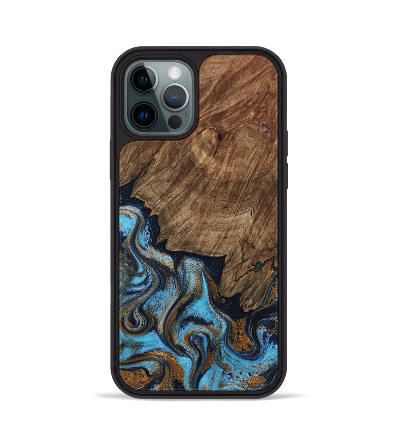 iPhone 12 Pro Wood Phone Case - Norita (Teal & Gold, 801886)