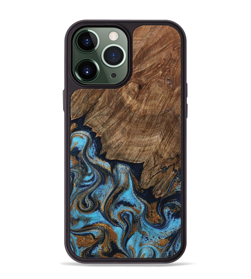 iPhone 13 Pro Max Wood Phone Case - Norita (Teal & Gold, 801886)