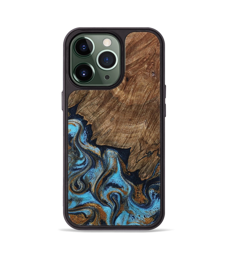 iPhone 13 Pro Wood Phone Case - Norita (Teal & Gold, 801886)