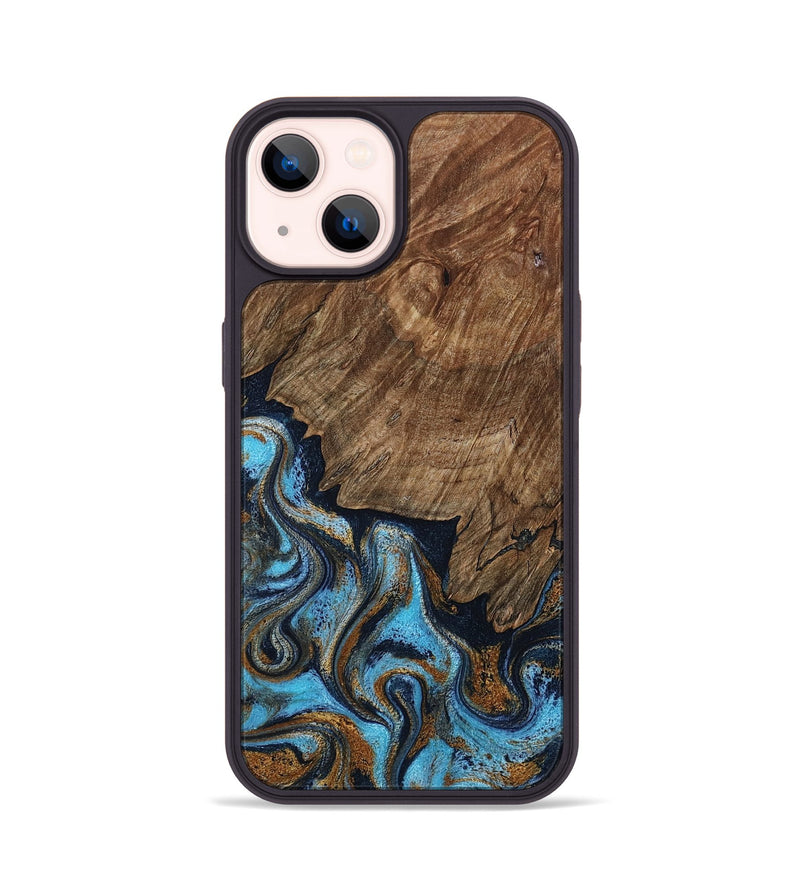 iPhone 14 Wood Phone Case - Norita (Teal & Gold, 801886)