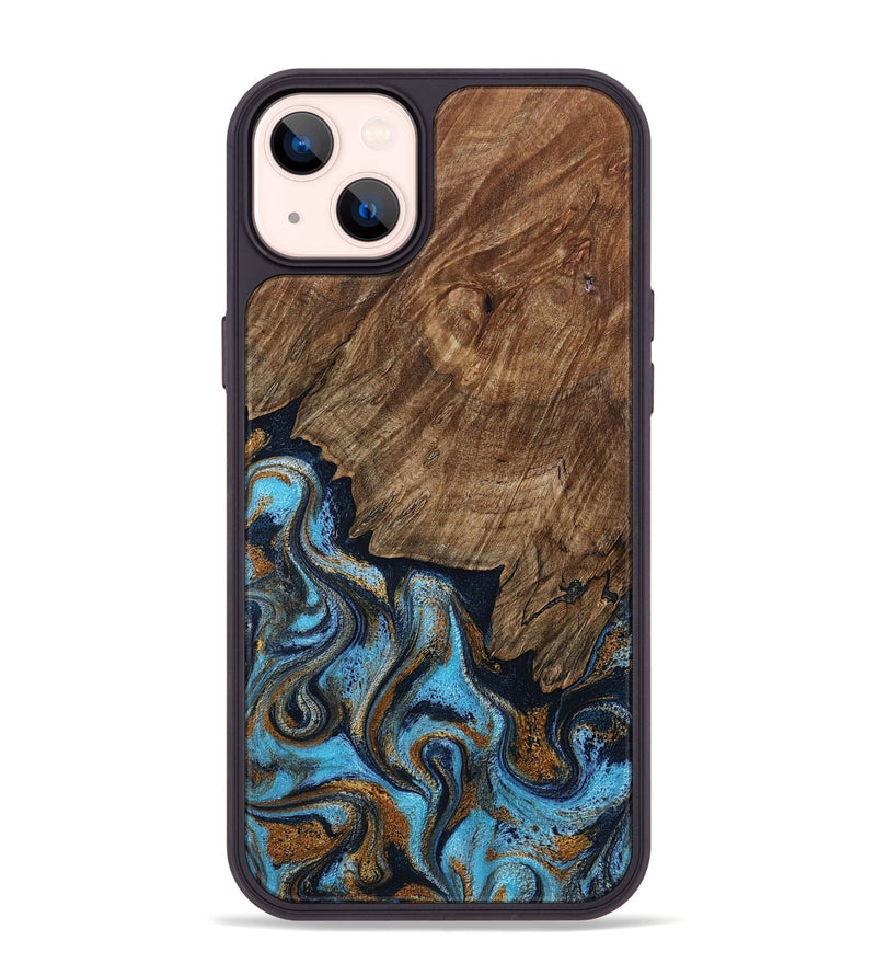 iPhone 14 Plus Wood Phone Case - Norita (Teal & Gold, 801886)