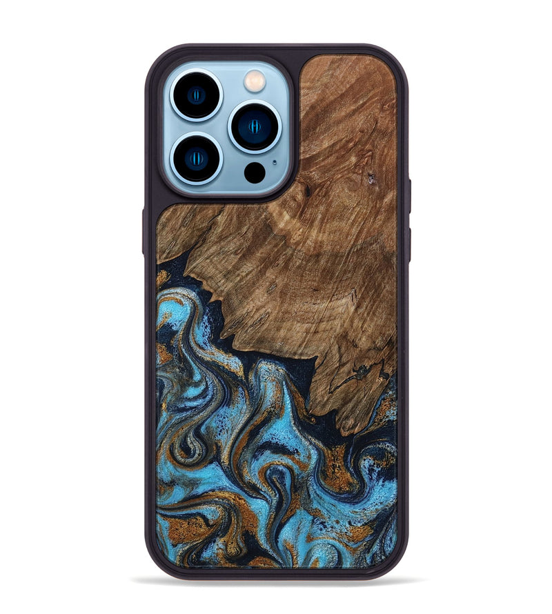 iPhone 14 Pro Max Wood Phone Case - Norita (Teal & Gold, 801886)
