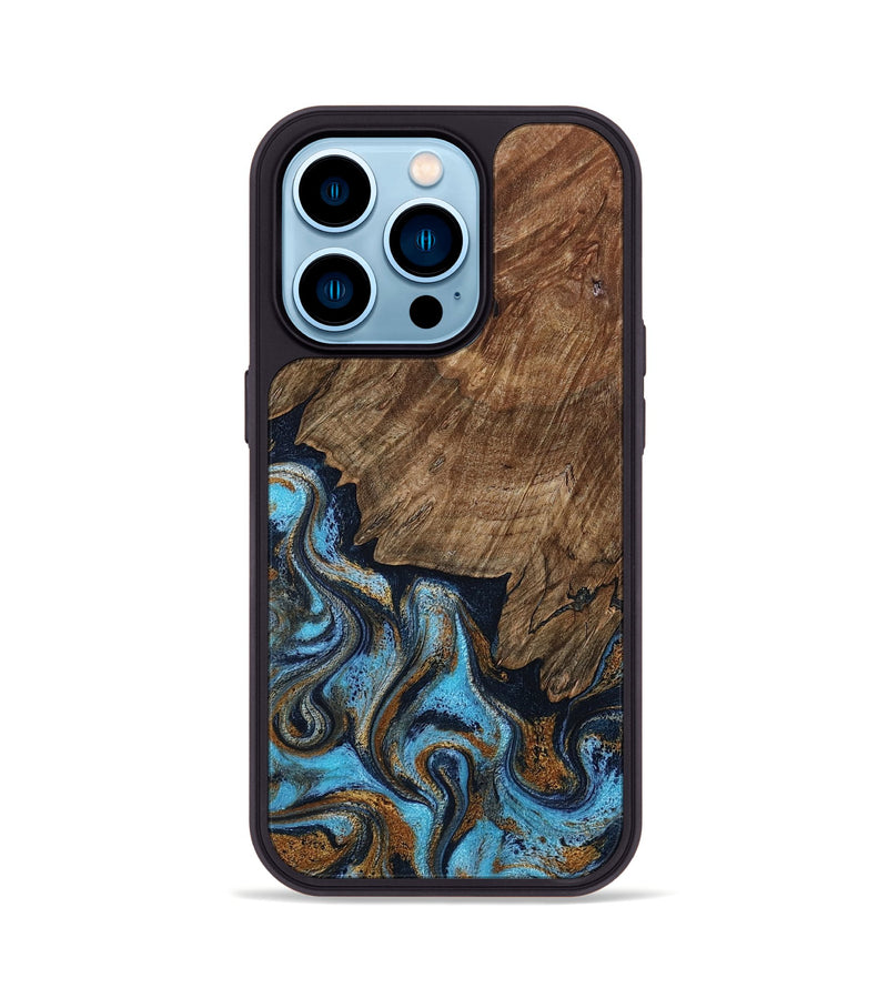 iPhone 14 Pro Wood Phone Case - Norita (Teal & Gold, 801886)