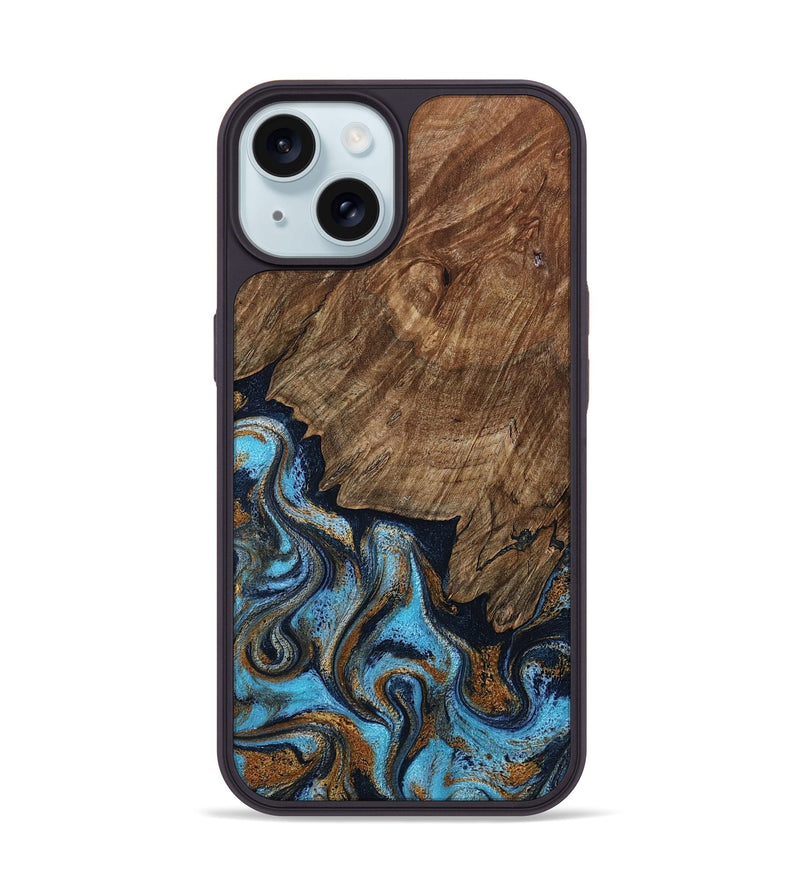 iPhone 15 Wood Phone Case - Norita (Teal & Gold, 801886)