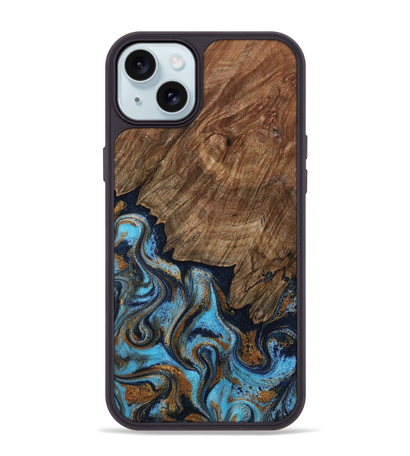 iPhone 15 Plus Wood Phone Case - Norita (Teal & Gold, 801886)