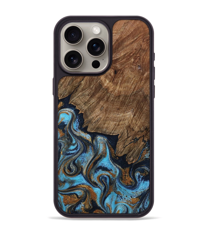 iPhone 15 Pro Max Wood Phone Case - Norita (Teal & Gold, 801886)